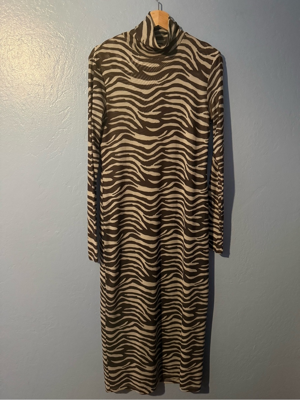 STAUD Turtleneck Zebra-Print Long Sleeve Midi Dress - Black & Cream